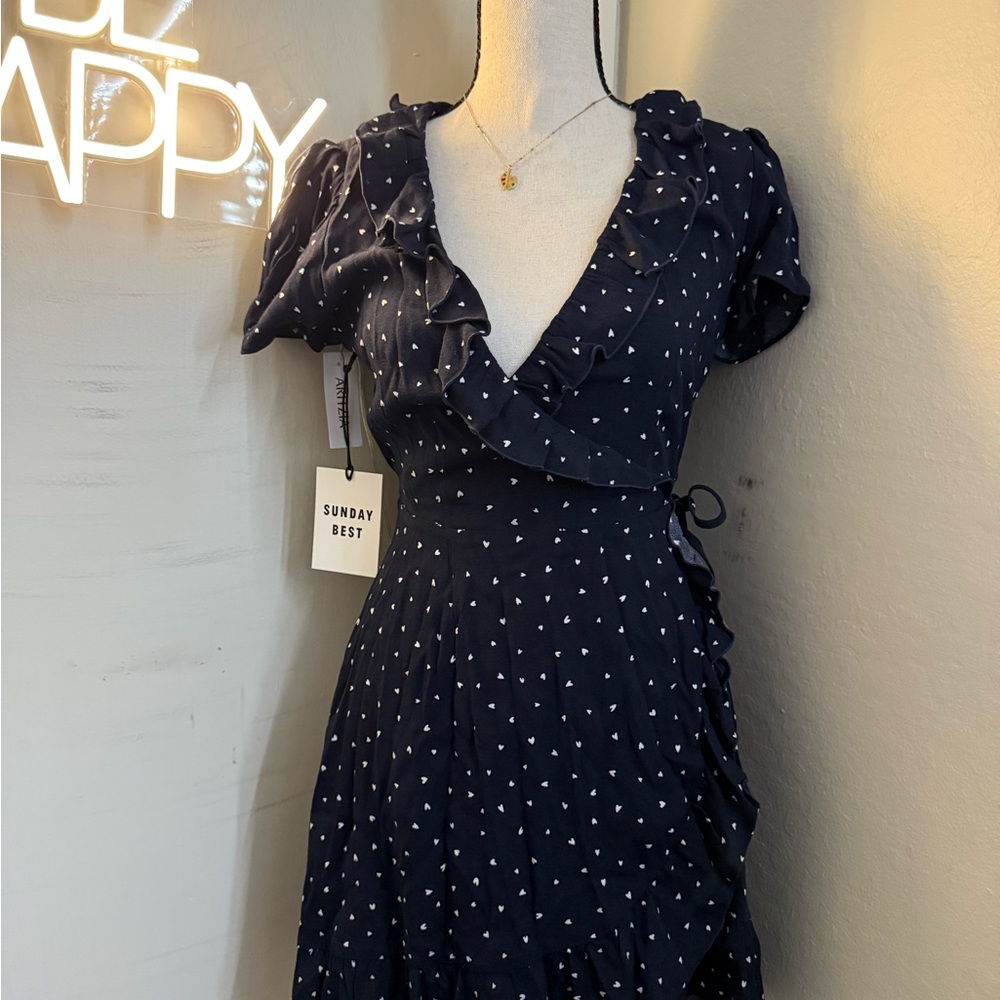 Aritzia Navy Blue Midi Dress with White Polka Dots